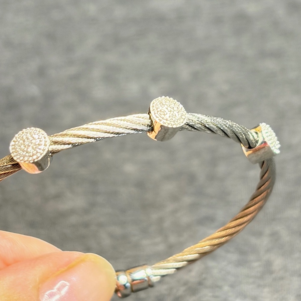 Sterling Silver Woven Cable Diamond Chip Station Bracelet Modern Industrial 7in